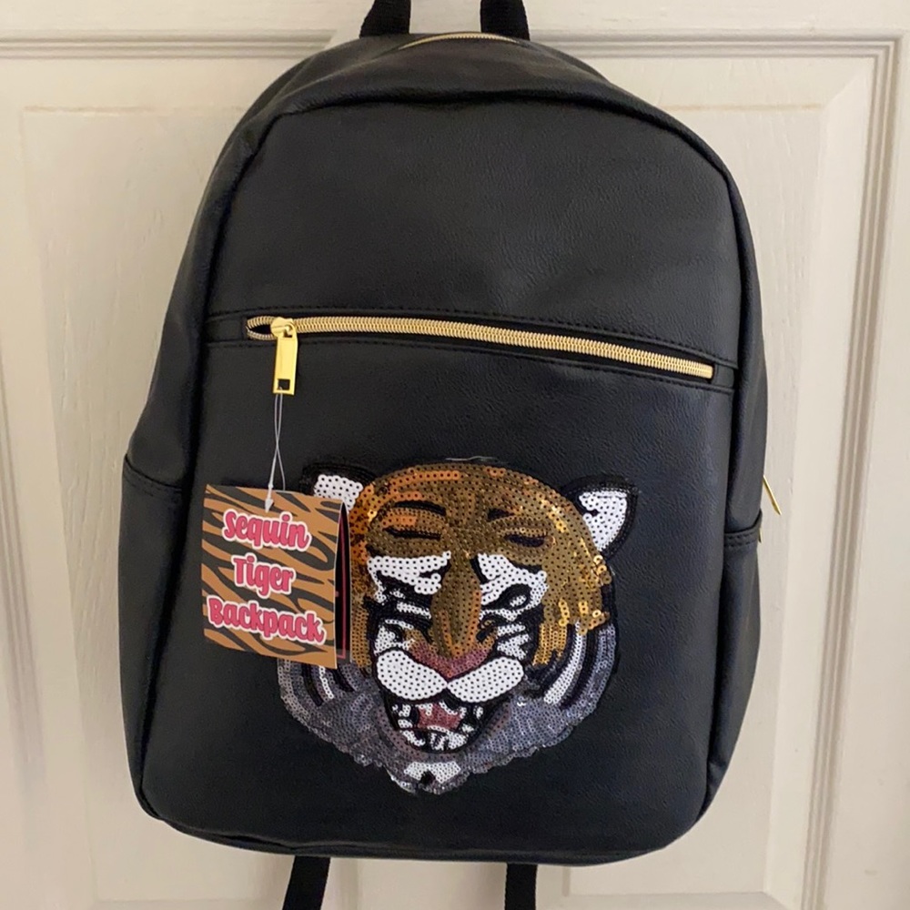 faux leather sequin tiger backpack black New goldstone hardware zip